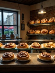 Cinnamon rolls enticing in a charming bakery setting.