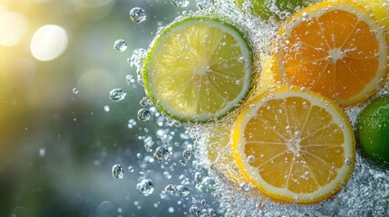 Citrus Fruit Slices Submerged in Water with Bubbles