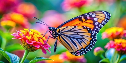 Fototapeta premium Vibrant close-up of a colorful butterfly resting on a flower , wings, insect, nature, wildlife, beauty, winged, delicate