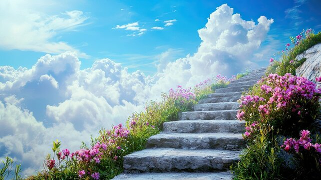 long small steps covered with few flowers lead to high end cloud heaven and lord in distance