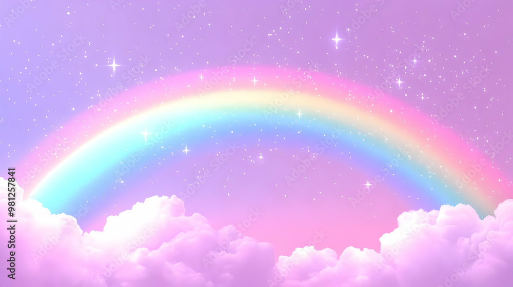 Poster Rainbow Sky with Sparkling Stars and Fluffy Clouds