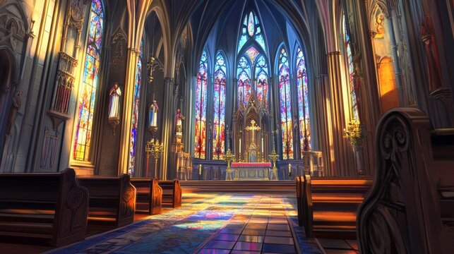 Hermoso interior de un antiguo catedral con luz filtrada a trav&eacute;s de vitrales coloridos, creando un ambiente sagrado y tranquilo.