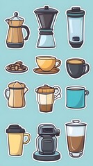 Fototapeta premium Sticker vector image of a coffee maker, with various types and styles of coffee brewing equipment on a brown background. Vector illustration, in a cartoon style for stickers or label design
