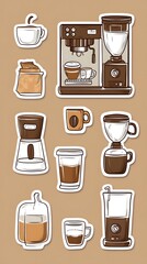 Sticker vector image of a coffee maker, with various types and styles of coffee brewing equipment on a brown background. Vector illustration, in a cartoon style for stickers or label design