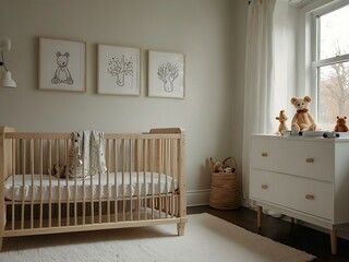 Clean minimalist nursery with white walls, a simple crib, and toys.