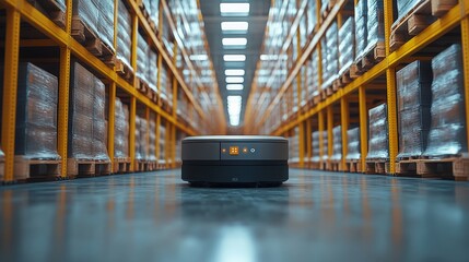 Autonomous robot navigating a warehouse during daylight to optimize inventory management