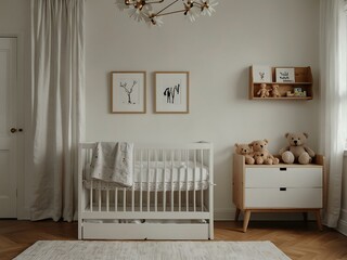 Clean minimalist nursery with white walls, a simple crib, and toys.