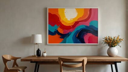 Clean wooden desk with vibrant abstract art, minimalist decor.