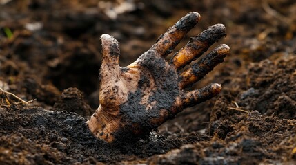 A chilling dead hand reaches out from the rich, dark soil in eerily realistic detail