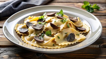 Delicious black truffle ravioli pasta dish , truffle, pasta, gourmet, Italian cuisine, food photography, homemade, delicious