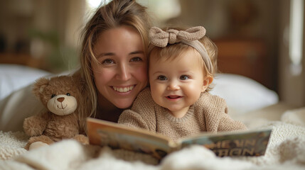 A young mother with blonde hair wearing an elegant beige sweater is smiling at the camera while sitting on her bed reading to her baby girl in a light brown outfit with a cute teddy bear next to them.