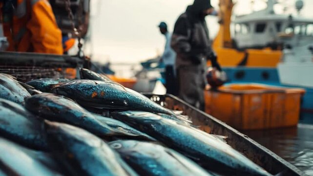 This crew is busy unloading a large catch of fish at the harbor during an overcast morning.