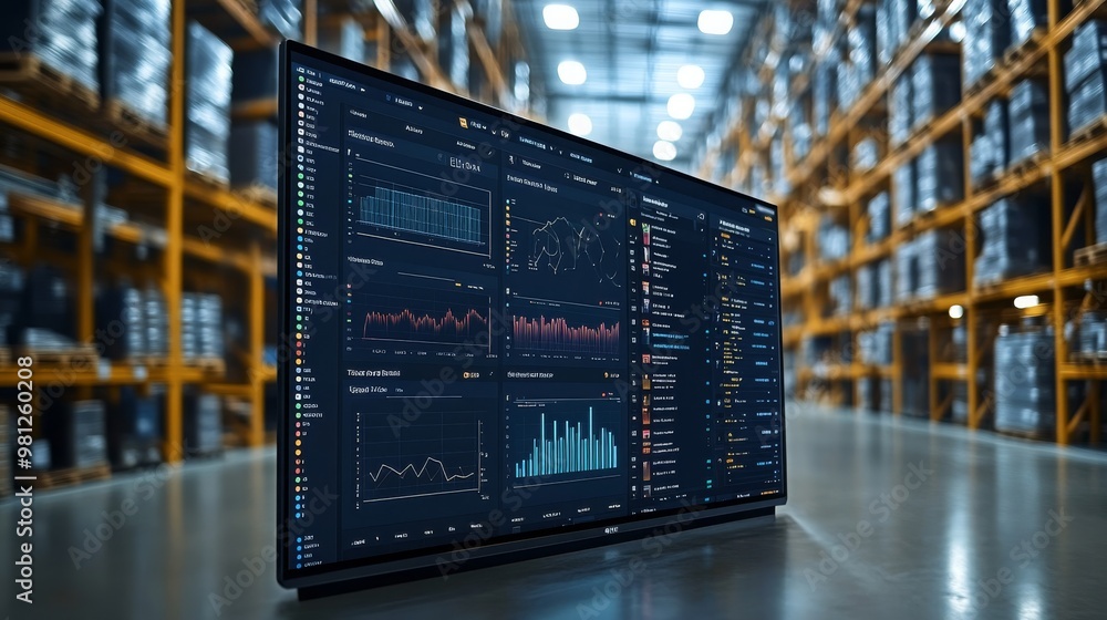 Poster comprehensive rpa dashboard displaying performance metrics in a warehouse environment during the day