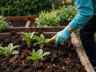 Cleaning garden beds by removing spent plants and spreading compost, preparing for winter.