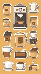 Fototapeta premium Sticker vector image of a coffee maker, with various types and styles of coffee brewing equipment on a brown background. Vector illustration, in a cartoon style for stickers or label design