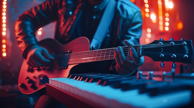 A close-up of a musician wearing a leather jacket playing an electric guitar with a keyboard in the foreground, set in a vividly lit stage environment, ideal for promoting live music events, concerts