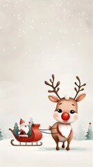 Fototapeta premium Cute Reindeer Leading Santa s Sleigh in Watercolor Winter Wonderland