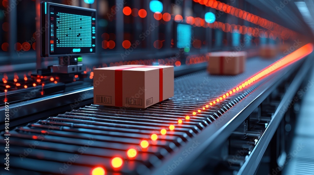 Poster automated conveyor system transporting packages in a modern warehouse with vibrant red lights and ad