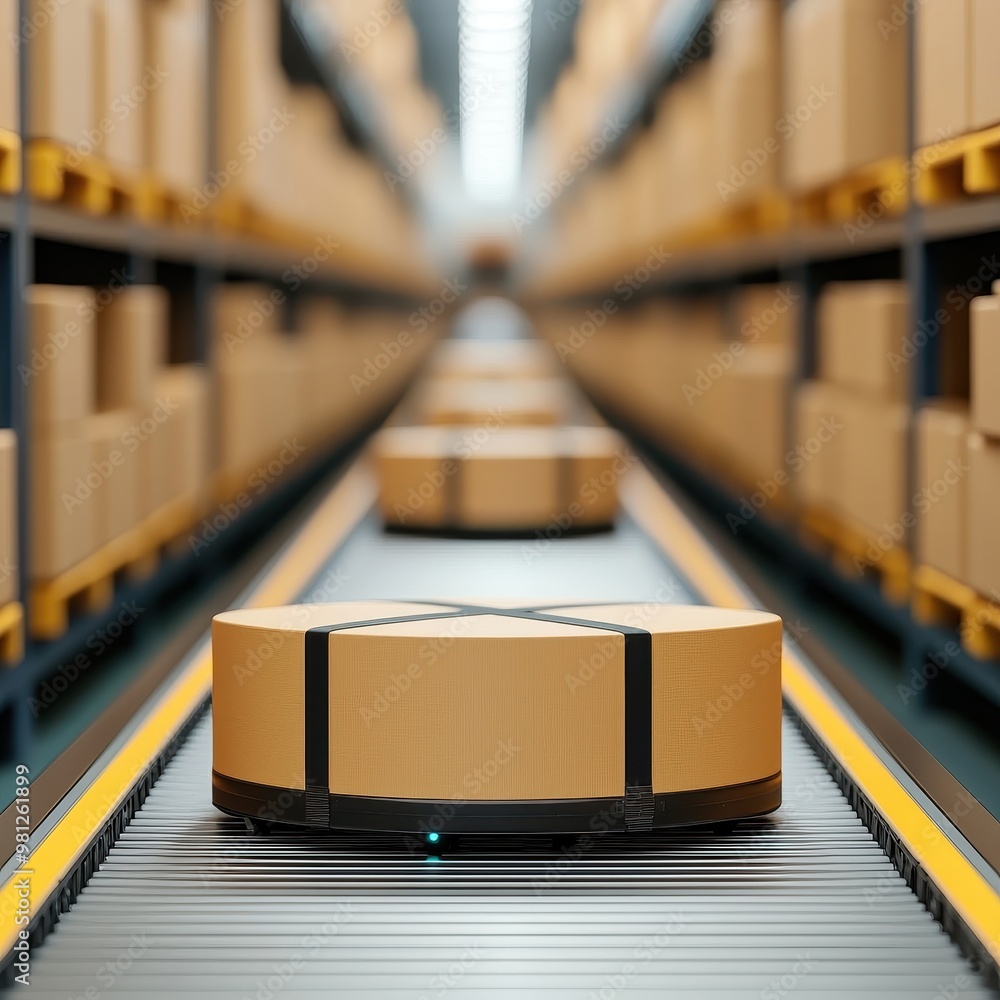 Poster automated robot moving boxes in a modern warehouse, showcasing efficiency in logistics and inventory