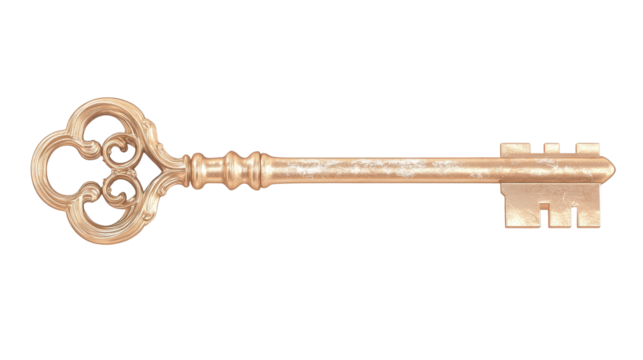 A gold key with a flower design on it