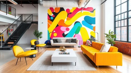 Artistic loft living room with a graffiti mural accent wall and eclectic furnishings in an open...