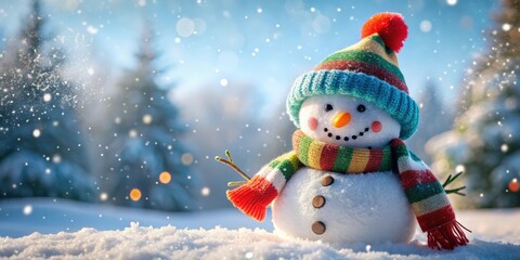 Fototapeta premium Festive Christmas snowman with hat, scarf, and carrot nose in a winter wonderland setting, snowman, Christmas, festive, holiday