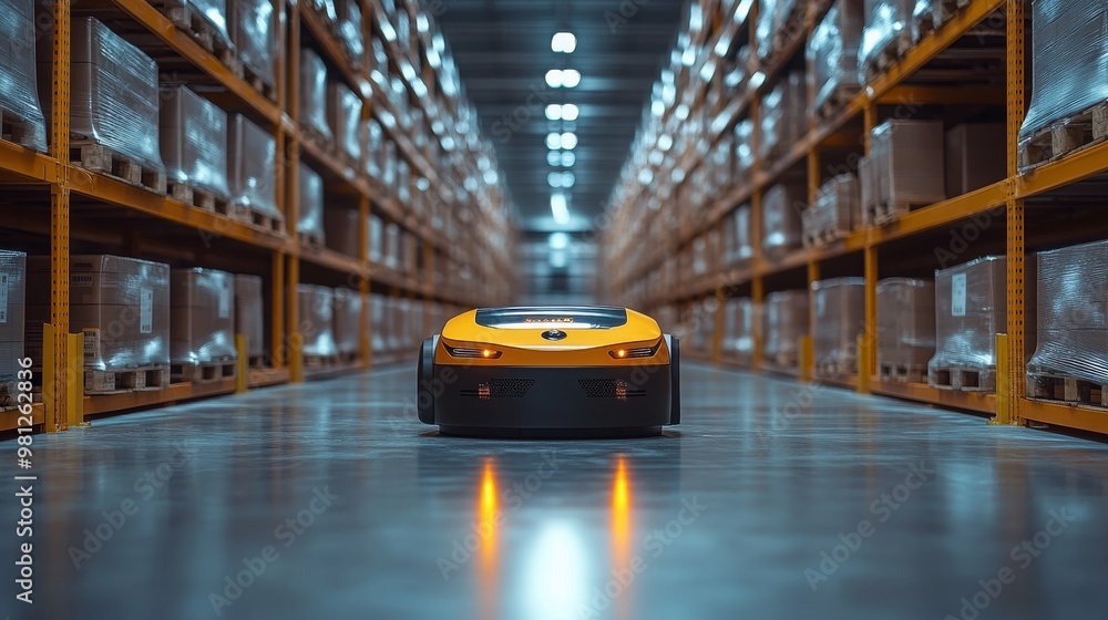 Poster autonomous robot navigating a warehouse on a bright day while optimizing logistics operations