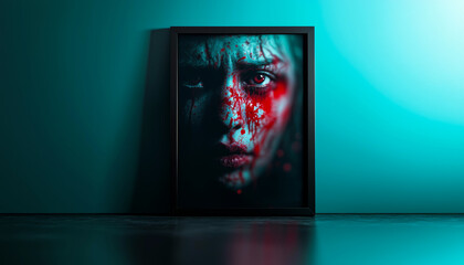 A framed poster mockup for a Halloween movie night, featuring a classic horror film character in the foreground, with blood splatter effects and creepy fonts.