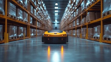 Autonomous robot navigating a warehouse on a bright day while optimizing logistics operations