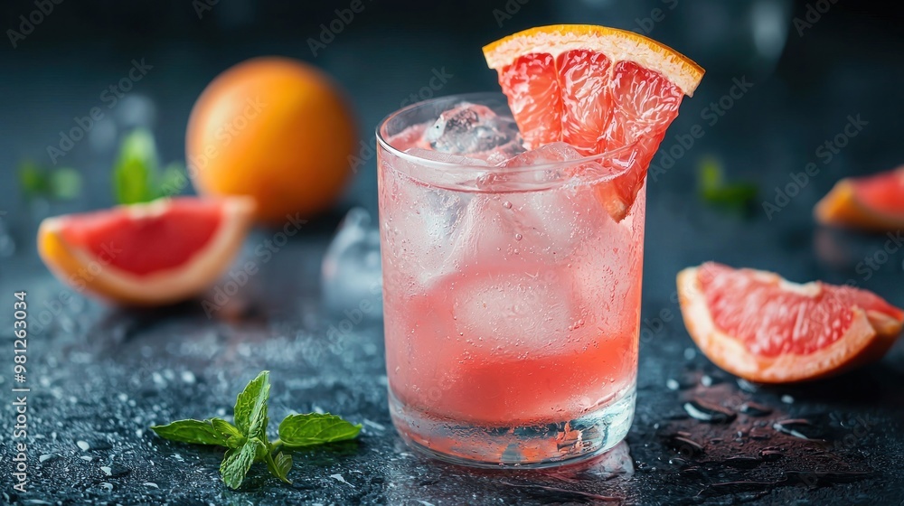 Poster gin and tonic with a splash of pink grapefruit juice, garnished with a slice of grapefruit.