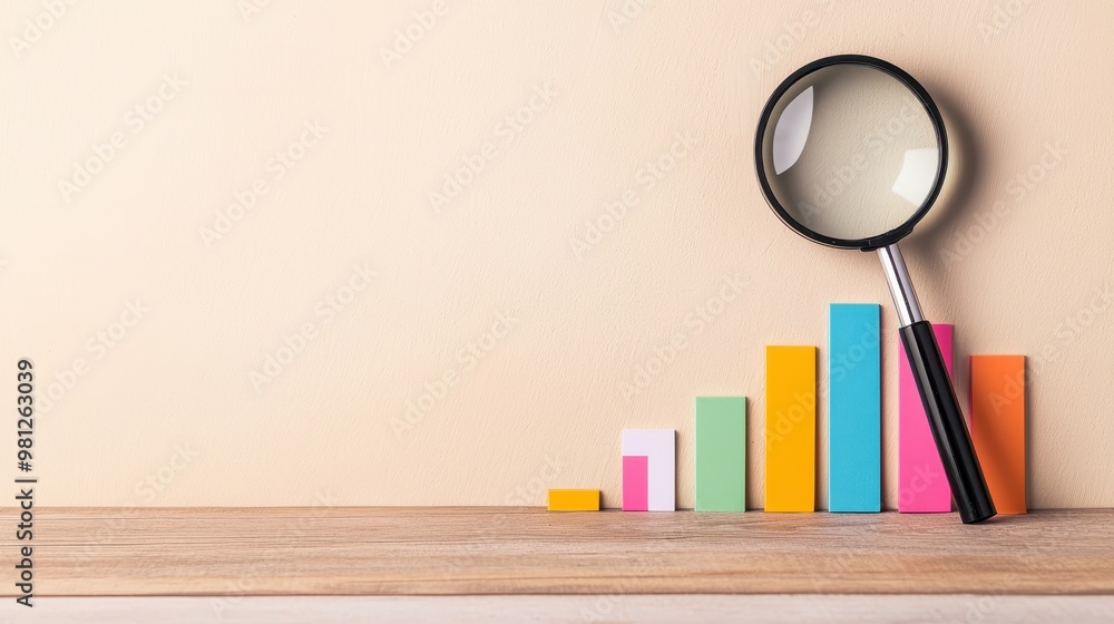 Poster a colorful bar graph with a magnifying glass symbolizes data analysis and growth on a wooden surface