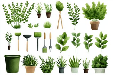 A collection of various plants, pots, and gardening tools, showcasing vibrant green foliage and ideal for nature-themed projects.