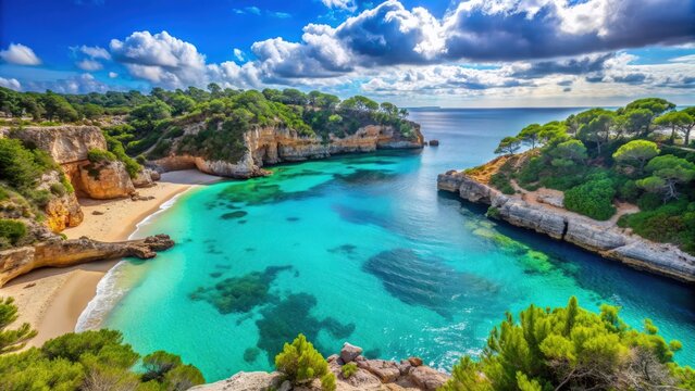 Beautiful map of Mallorca, Spain showing the stunning beaches with crystal clear turquoise waters in Cala Llombards