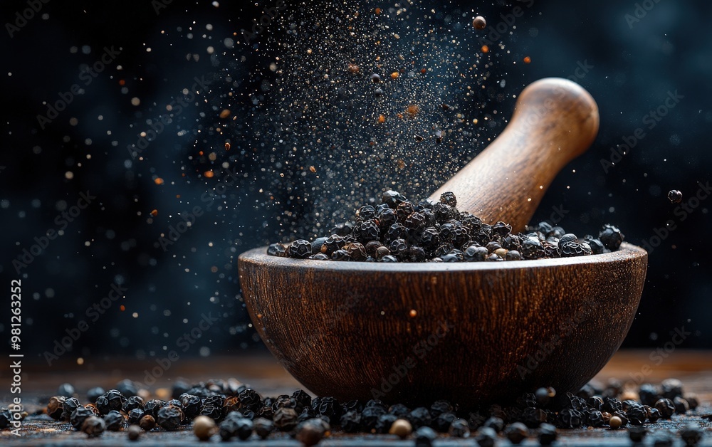 Wall mural a close-up of black pepper grinding in a wooden mortar with a pestle, creating a flavorful spice exp