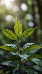 Close-up of a plant with lush leaves in the foreground, blurred background.