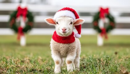 Obraz premium A joyful baby lamb wearing a Santa costume, nibbling on green grass in a quiet field, with Christmas wreaths and red bows decorating the fence behind it.