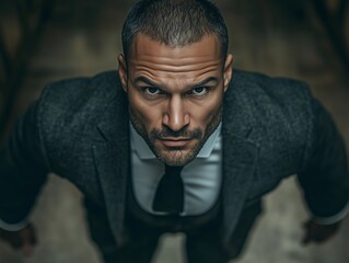 Fototapeta premium A man in a suit and tie is looking down at the camera. Concept of seriousness and formality, as the man is dressed in a business suit and tie