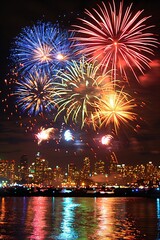 A fireworks display is lit up in the night sky over a city. The fireworks are bright and colorful, creating a festive atmosphere. The city skyline is visible in the background