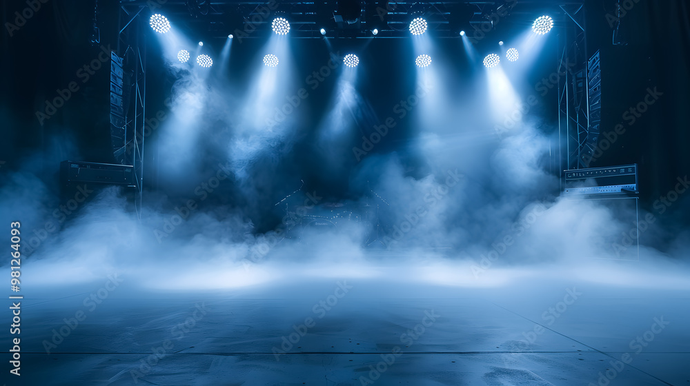 Wall mural empty concert stage with illuminated spotlights and smoke. stage background with copy space.