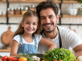 Smiling father and daughter in kitchen preparing healthy meal. Man in apron, girl in overalls. Fresh vegetables on counter. Warm, bright atmosphere