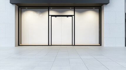 Fototapeta premium A minimalist storefront mockup featuring sleek Black Friday sale decals with bold white text against the glass windows, set against a clean, modern background.