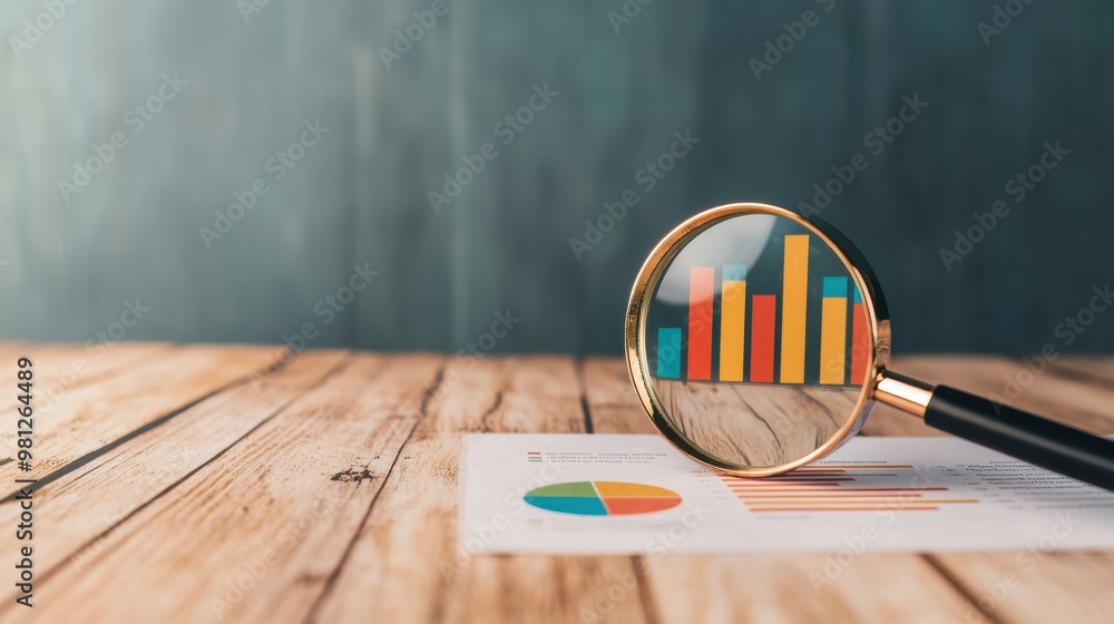 Poster a magnifying glass focuses on colorful graphs and charts, symbolizing data analysis and business ins