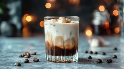 Glass of creamy vodka-based white Russian, with layers of vodka, cream, and coffee liqueur.