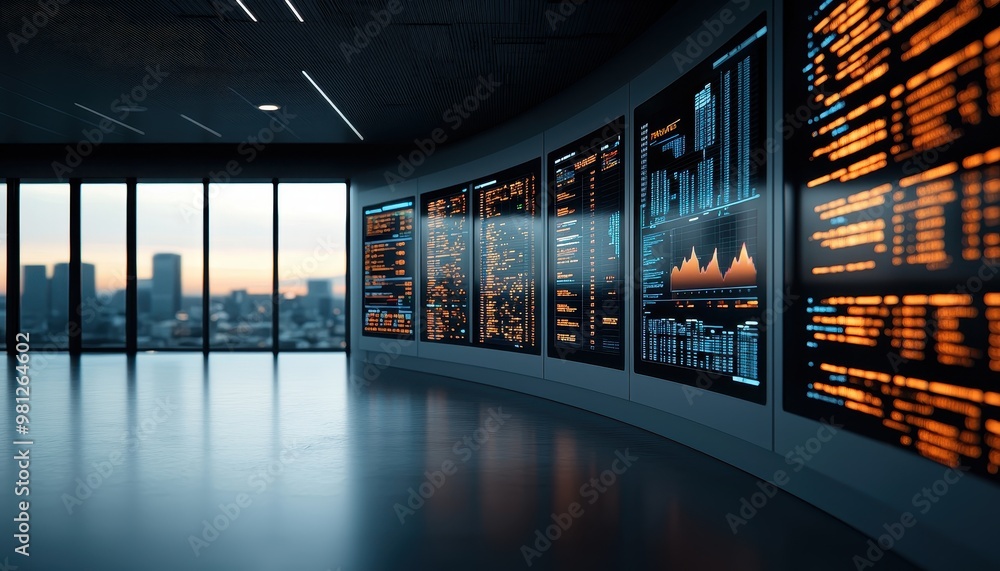 Poster a modern office space with data visualization screens and a city view, showcasing technology and ana