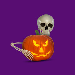 Scary skeleton hugging spooky jack o'lantern on purple background. Halloween celebration