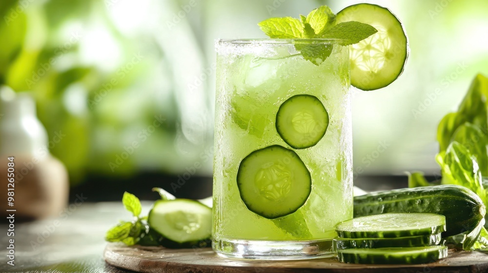 Poster glass of lime and cucumber cooler with a refreshing green hue and cucumber slices for garnish.