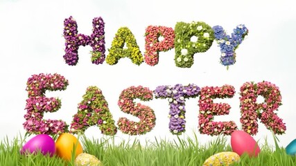Colorful flowers forming the words happy easter rest on vibrant green grass, surrounded by delightful chocolate eggs, creating a festive atmosphere for easter greetings