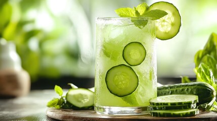 Glass of lime and cucumber cooler with a refreshing green hue and cucumber slices for garnish.
