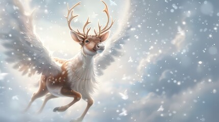 Majestic Winged Reindeer Soaring Through Enchanted Winter Skies