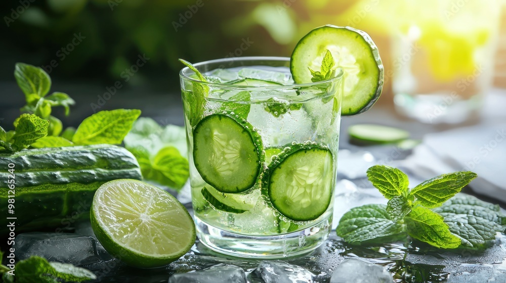 Aufkleber glass of lime and cucumber cooler with a refreshing green hue and cucumber slices for garnish.